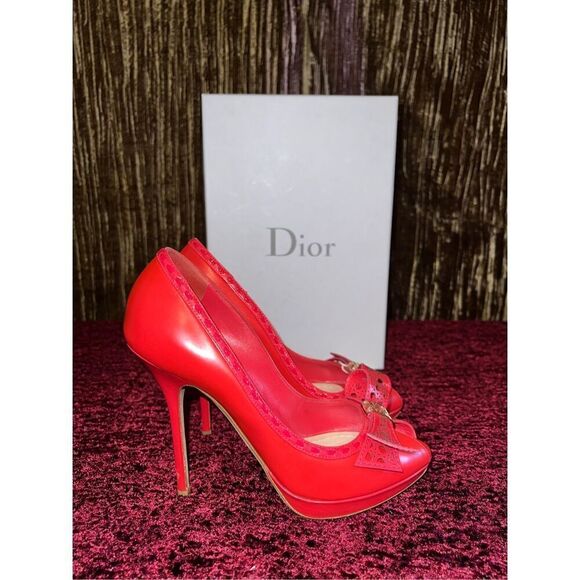 DIOR Red Leather Bow Peep Toe Platform Pumps Size 37.5 - Picture 1 of 11